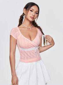 SHEIN MOD Camiseta De Encaje Con Color Contrastante Para Mujer Y Agujetas - Rosa - Ver 4