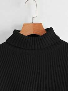 Jersey de túnica de punto acanalado de cuello alto, estilo versátil, para escuela, Top de manga larga - Negro - Ver 3