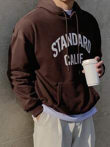 DAZY 男款字母圖案束線帽頭下垂肩運動衫 - 咖啡棕 - 查看 6