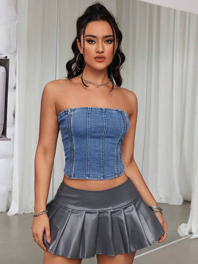Women's Zipper Front Strapless Denim Top
