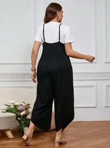 SHEIN LUNE Plus Size Solid Color Comfortable Jumpsuit With Asymmetrical Hemline And Pockets On Both Sides - Black - View 3