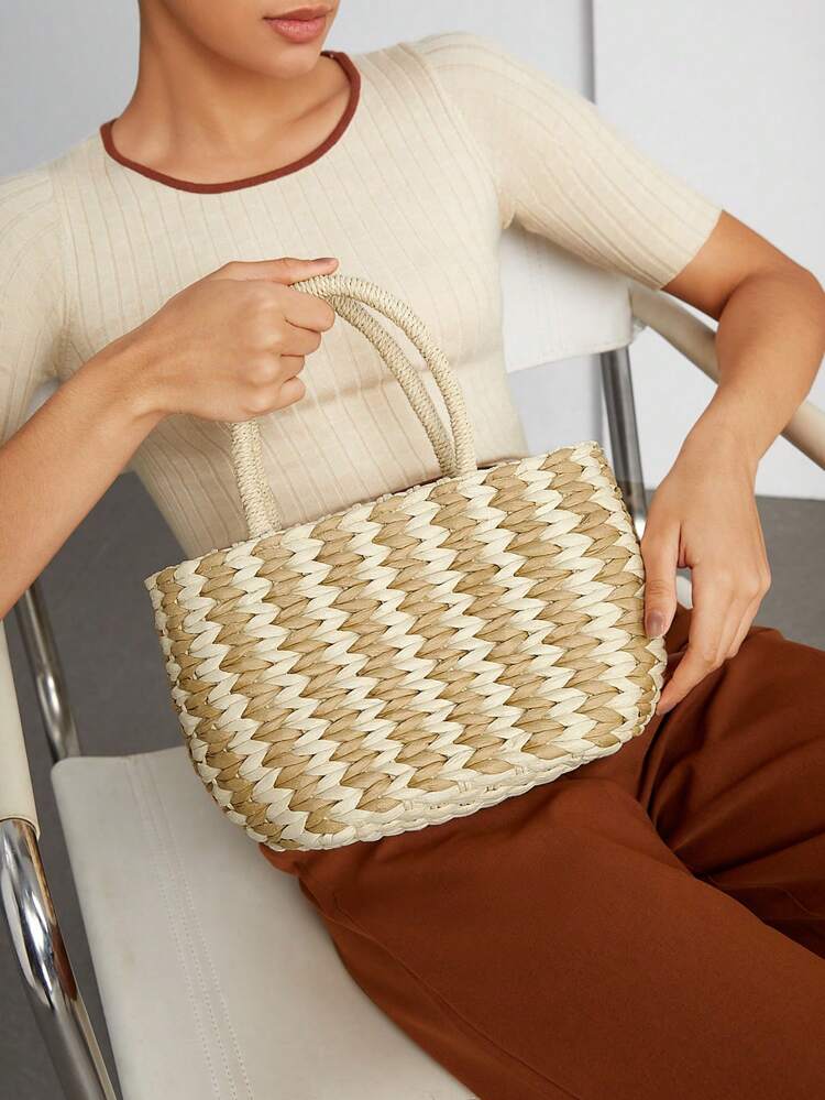 Versatile Women's Boho Color Block Handbag Straw Bag, For Vacation