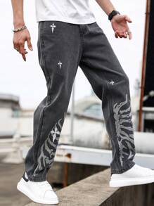 Manfinity LEGND Quần Jean Denim Nam Có Họa Tiết Logo Chữ Thập Và Túi Xéo Baggy Long Washed Dark Jean Cargo Đồ Họa Xám Trơn Đi Làm Dạo Phố Bạn Bè - màu đen - Xem 3