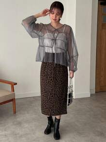 FRIFUL Women's Lantern Sleeve Mesh Top With Front Tie Sheer