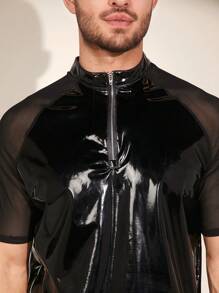 FeverCity Men's Mesh Raglan Short Sleeve Knitted Casual Polo Shirt - Black - View 3