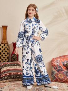 SHEIN Tween Girl Plants Pattern Collar Shirt Jumpsuit - White - View 3