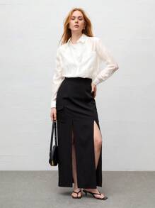 SHEIN BIZwear 女士長袖衫,配有前袋 - 白色 - 查看 3