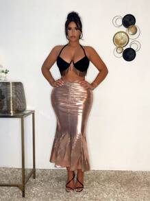 SHEIN SXY Falda de sirena plisada metálica de oro rosa para mujer
