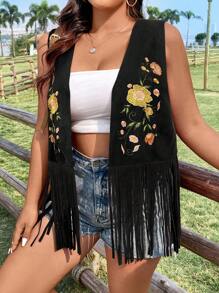 Flirla Plus Size Summer Flower Embroidery Fringe Hem Vest Coat