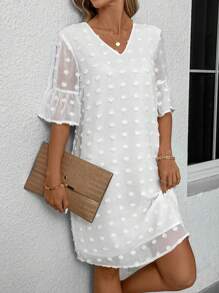 SHEIN Clasi Women's Swiss Dot Ruffle Sleeve Dress - Beige - View 5