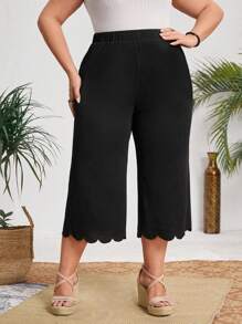 SHEIN CURVE+ Kích thước lớn Màu thuần Eo cao Quần ống rộng - màu đen - Xem 1