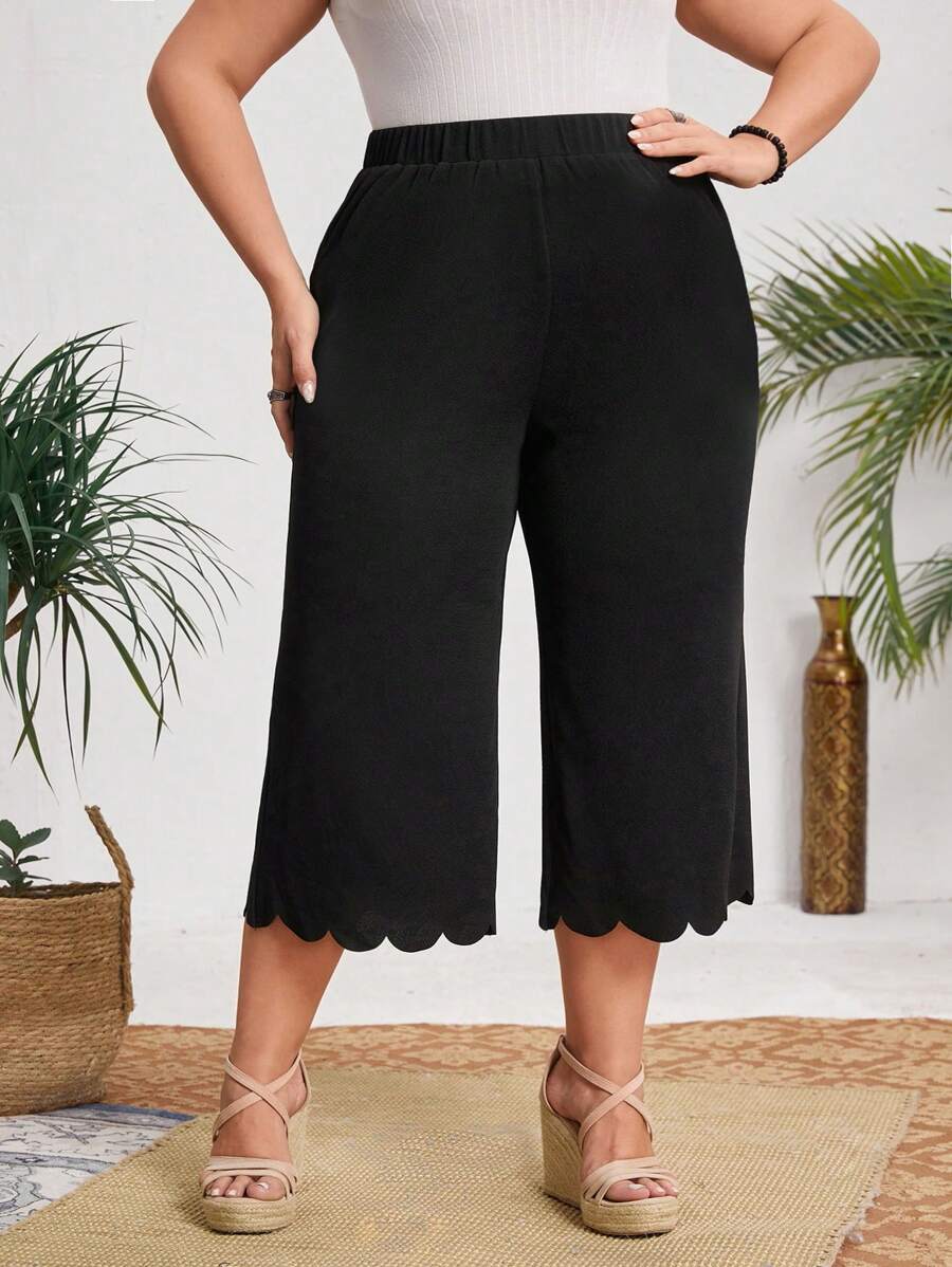 SHEIN CURVE+ Kích thước lớn Màu thuần Eo cao Quần ống rộng - màu đen - Xem 1