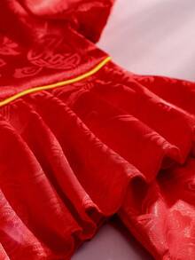 SHEIN 女婴中国新年红色唐装摄影服装，适合婴儿一个月庆典或百天庆典 - 紅色 - 查看 6