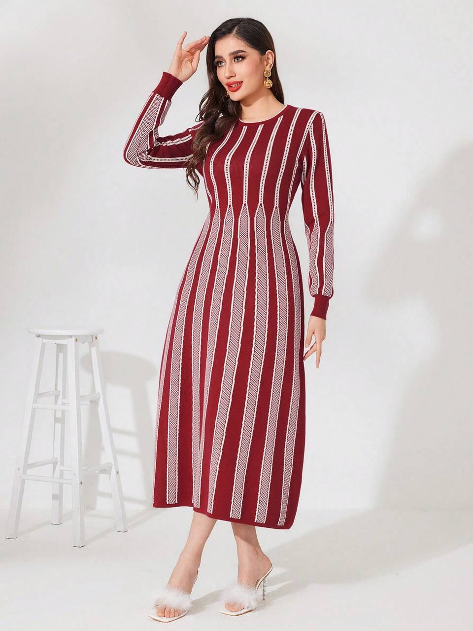 Burgundy Red Women's Striped Long Knitted Sweater Dress Fall Cloth For Women