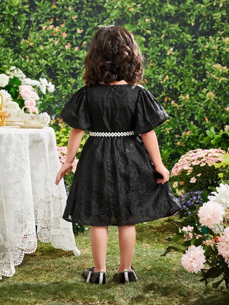 Young Girl's Elegant Round Neck Puff Sleeve Colorblock Dress With Bowknot & Faux Pearl Belt Decoration