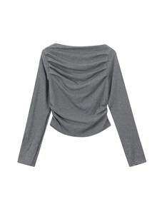 Camiseta corta casual de mujer unicolor con hombros descubiertos y plisada - Gris - Ver 2