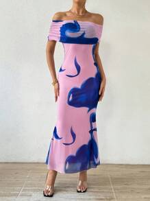 Calvaya Vestido De Sirena Con Escote Descubierto Y Estampado Para Mujer