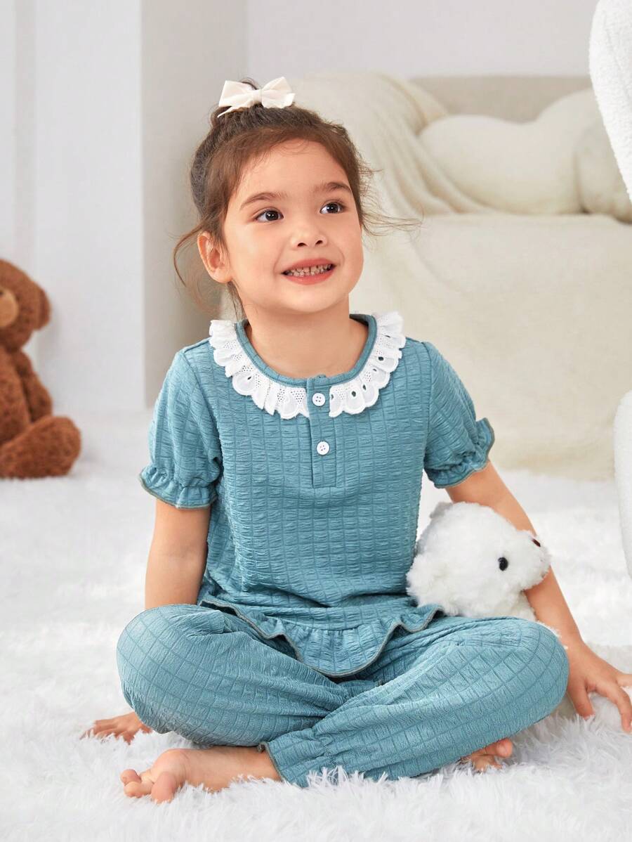 女童紋理荷葉邊泡泡袖家居服套裝