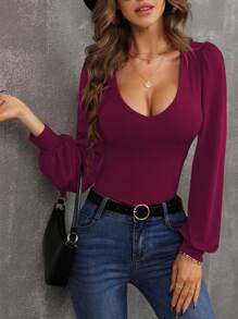 SHEIN Clasi Lantern Sleeve Plunge Neck Tee - Burgundy - View 4
