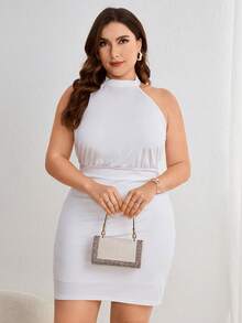 SHEIN Privé Plus Size Elegant Bodycon Halter Neck White Dress - White - View 4
