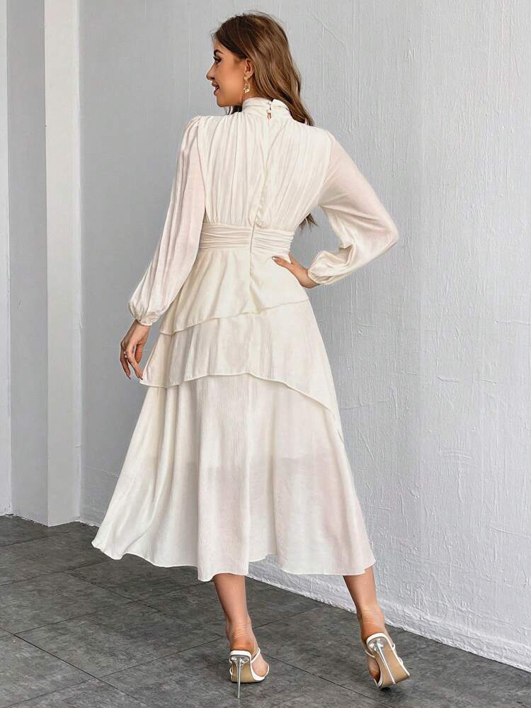 Women's Stand Collar Lantern Sleeve Cinching Waist Ruffle Hem Dress