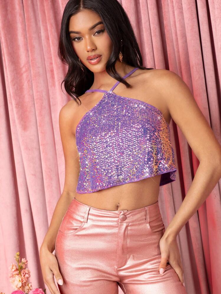 shineさん SHEIN Unity Sequin Halter Neck Fashion Crop Halter Top | SHEIN