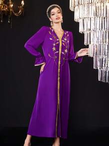 Al Najma Arabic Style Long Sleeve Dress With Rhinestone & Plant Pattern Patchwork Ribbon, Women - Purple - View 6