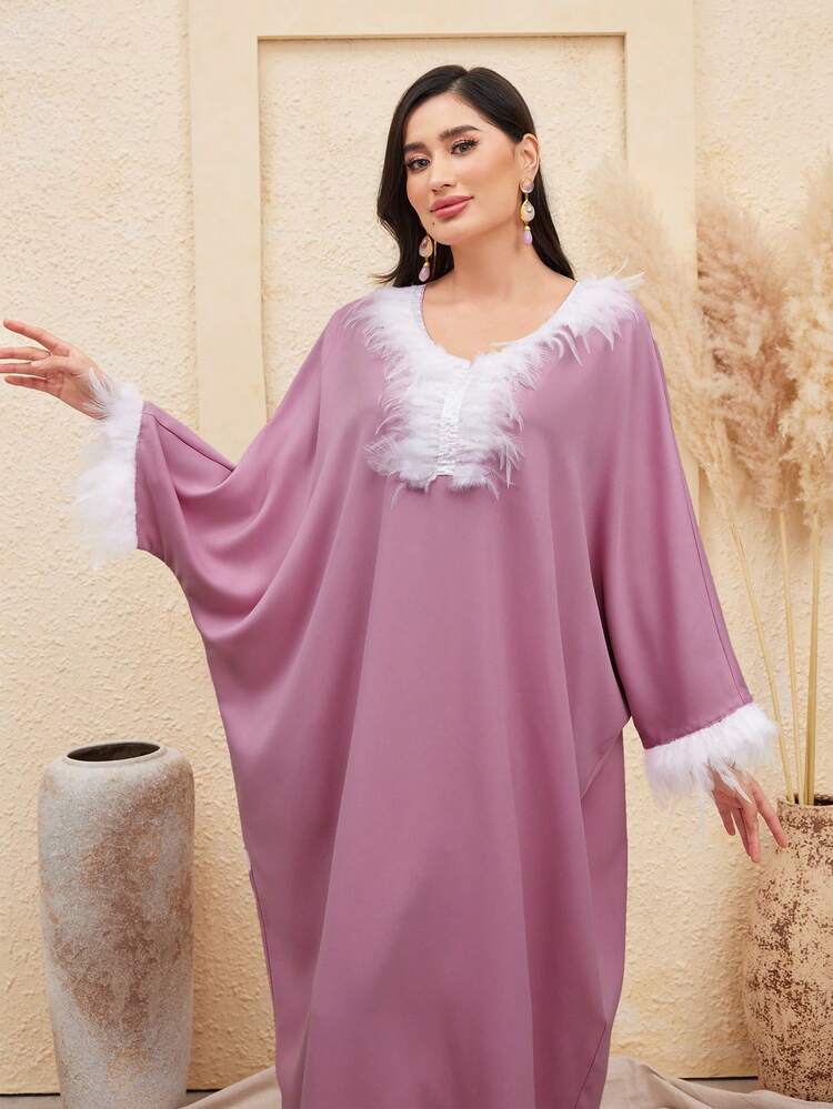 Women's Batwing Sleeve Dress With Patchwork Kaftan Jalabiya Dress