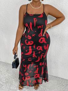 Maweii 大尺碼女士印花字母細肩帶連身裙 - 彩色 - 查看 5
