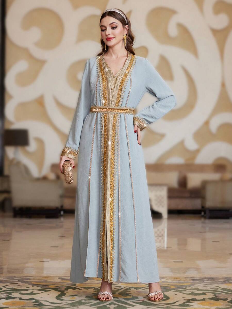 Al Najma 女士兩件套裝：拼接編織腰帶風衣和無袖連衣裙 - 霧霾藍 - 查看 1