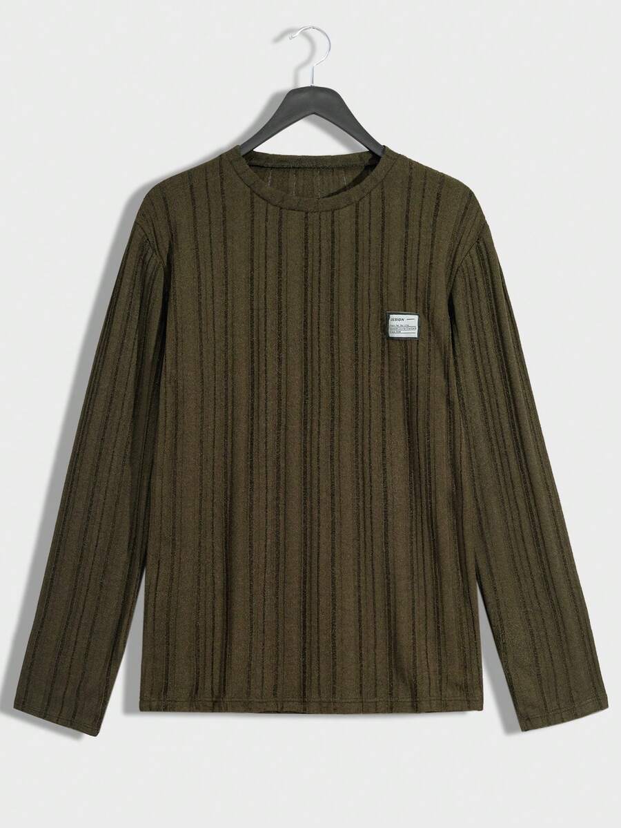 SHEIN Cottnline Long Sleeve T-Shirt With A Label - Army Green - View 1