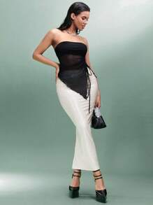 SHEIN BAE Elegant Off-White Coated Bodycon Slit Skirt For Women,Autumn Low Waist Solid Color Nude Midi Skirt,Perfect For Party,Night ,Music Festivals - Apricot - View 5