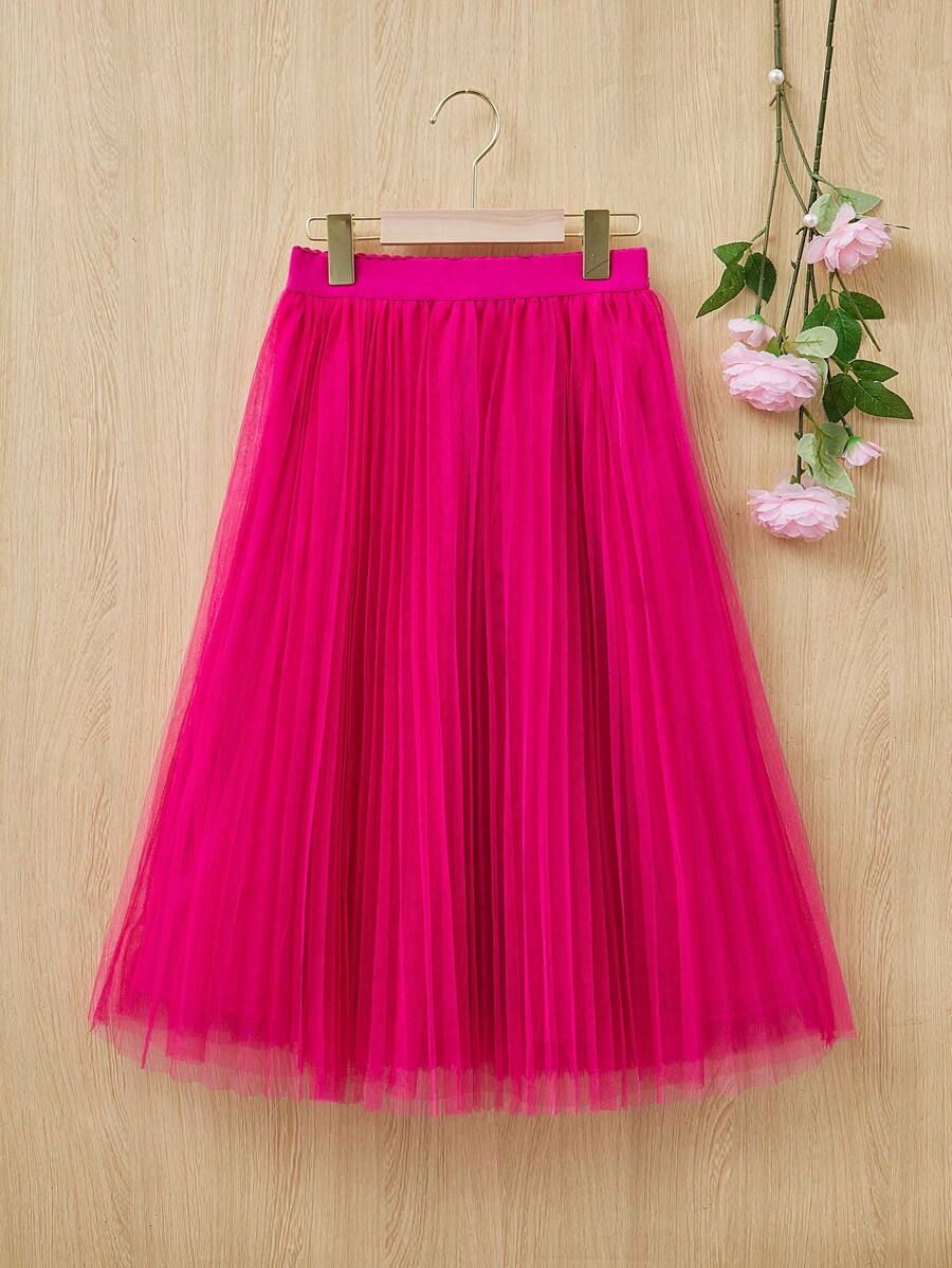 SHEIN Young Girls' Loose Fit Casual Mid-Length Mesh Skirt - Hot Pink - View 1