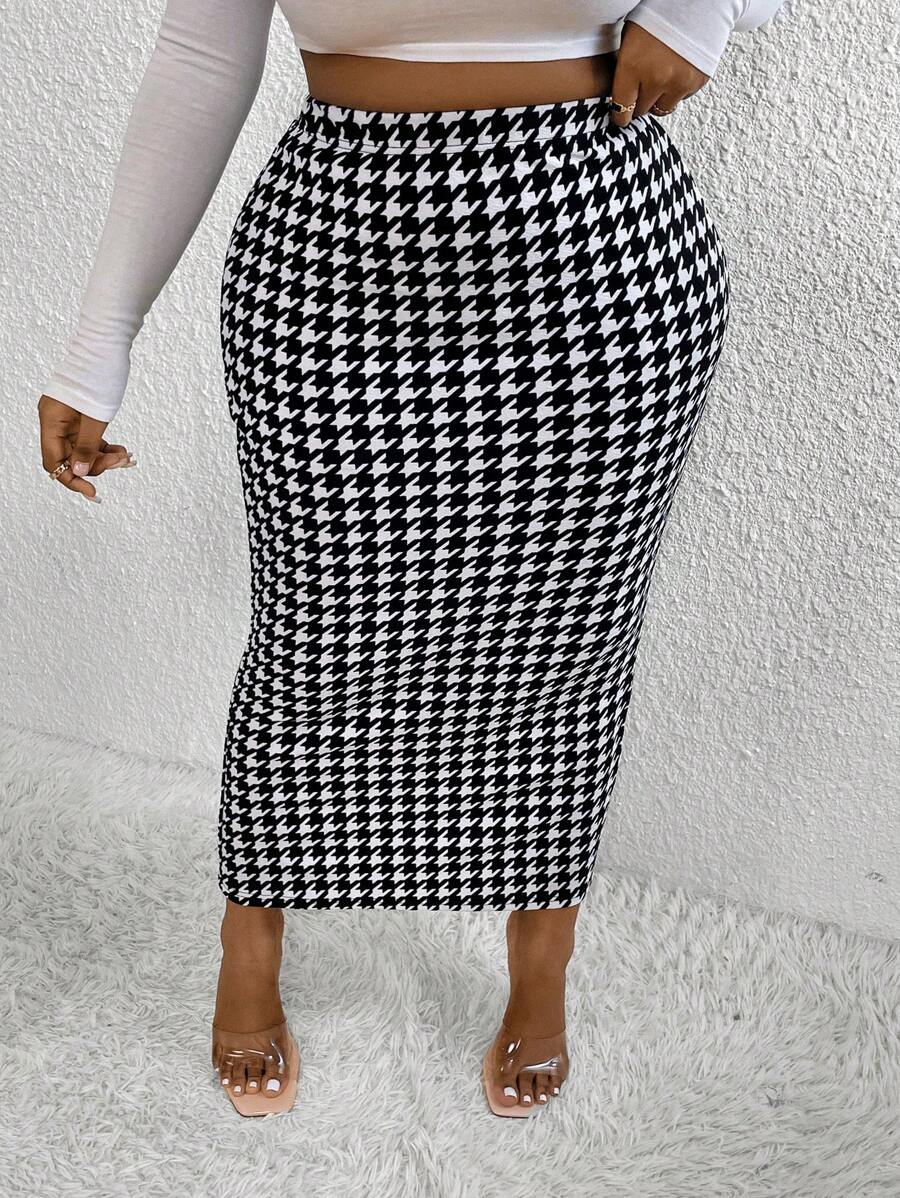 Maweii Falda de talle alto con estampado de pata de gallo para tallas grandes, otoño - Blanco y Negro - Ver 1