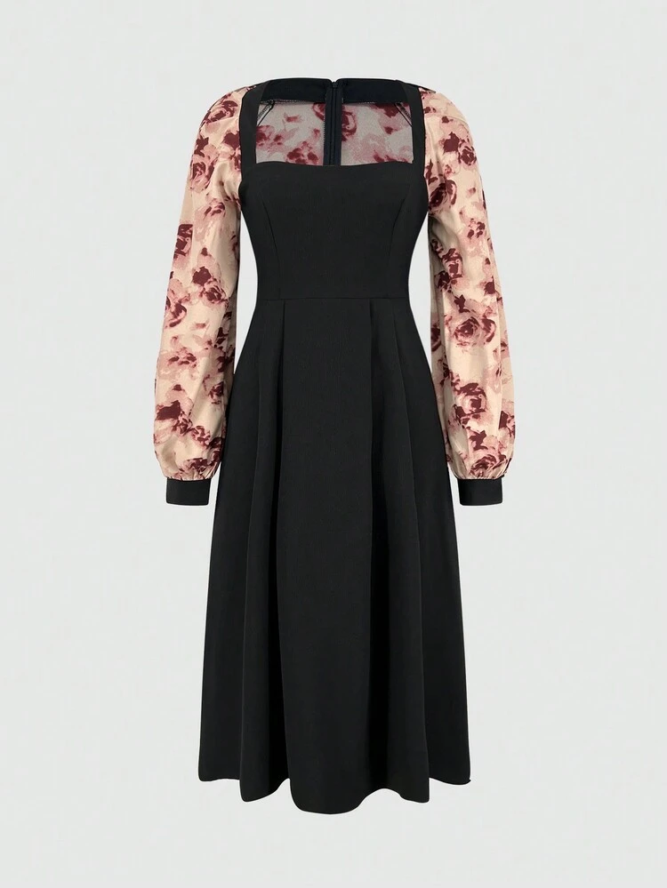 Flower Print Splicing Lantern Sleeve Dress