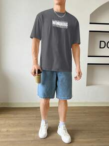 Manfinity RebelGame Loose Men's Letter Printed Stretchy Knit T-Shirt - Dark Grey - View 6