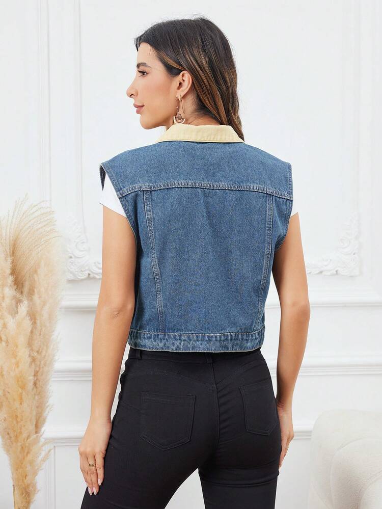 Sleeveless Denim Jacket With A Contrast Collar