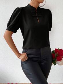 SHEIN Clasi Của phụ nữ Phong cách Trung Quốc Ống tay áo Có nút Áo sơ mi - màu đen - Xem 5