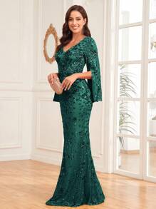 XUIBOL Women's Split Sleeve Sequin Embroidered Evening Gown - Dark Green - View 4