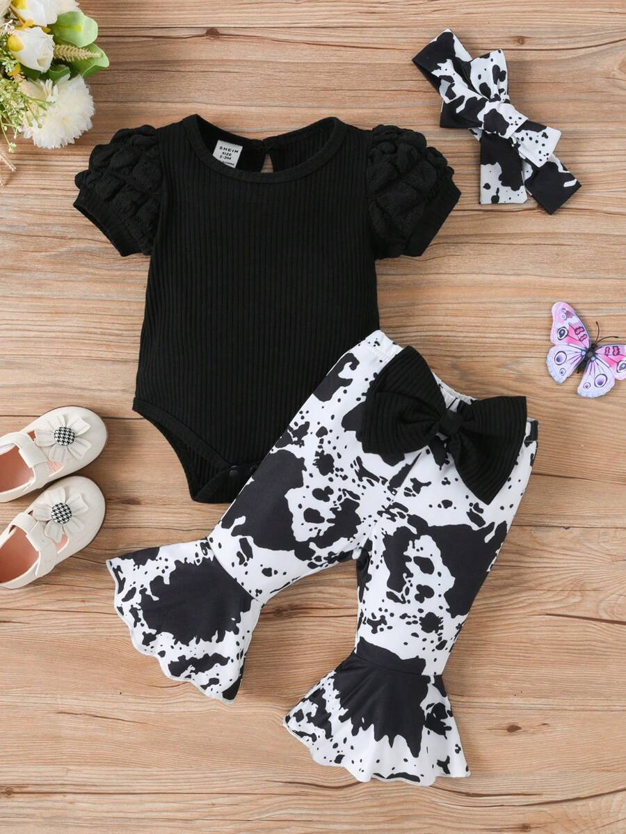 Baby Girl Fashionable And Casual Puff Sleeve Ribbed Bodysuit With Printed Flare Pants, Cute Hair Accessory, Simple Set For Spring And Summer - Black - View 1
