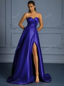 VIPGIRL Elegant Satin Strapless A-Line Gown With High Slit And Sequin Detail,Evening Dress Elegant,Women Evening Party Dress, Prom Dresses For Women,Formal Dress