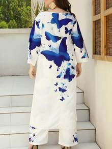 Plus Butterfly Print Asymmetrical Hem Top & Wide Leg Pants - White - View 2