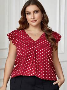 SHEIN Clasi 大码波尔卡圆点印花荷叶边袖红色衬衫，夏季