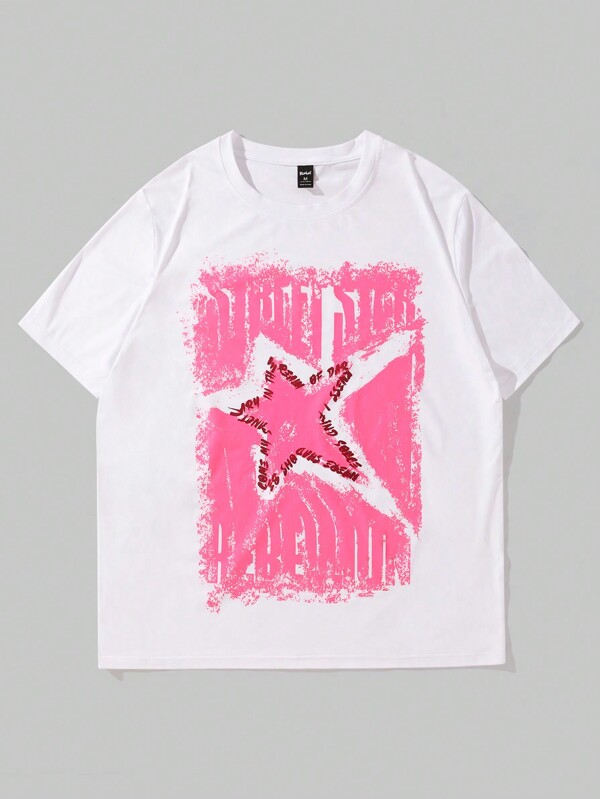 ROMWE MEN Prep Men's Short-Sleeve Y2k T-Shirt With Star Print, Suitable For Daily Wear In Spring And Summer, School