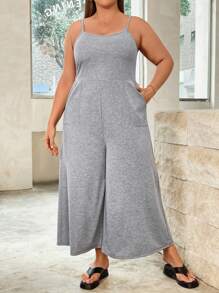 SHEIN Essnce 女士大尺碼夏季休閒寬鬆吊帶連體褲女裝 - 灰色 - 查看 1