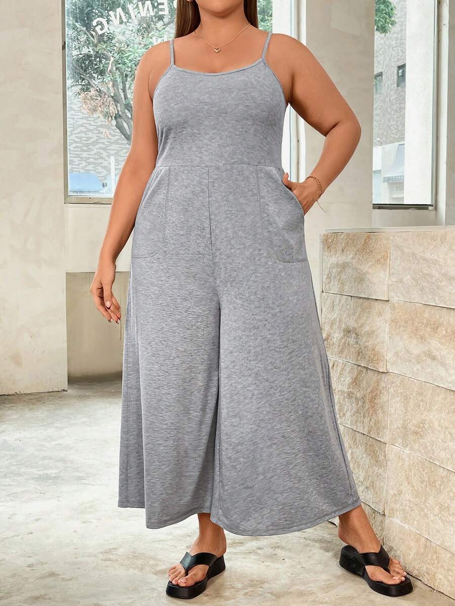 SHEIN Essnce 女士大尺碼夏季休閒寬鬆吊帶連體褲女裝 - 灰色 - 查看 1