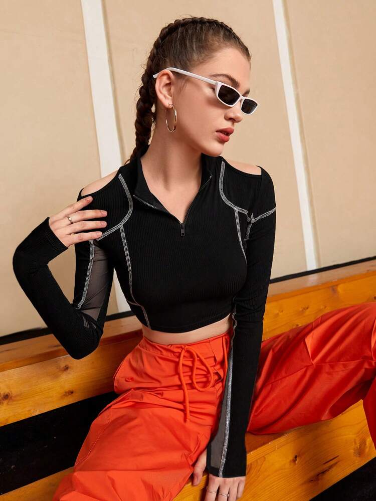 Colorblock Mesh Splice Open Shoulder Slim Cropped Athletic T-Shirt Gym Top