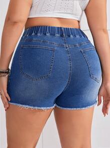 SHEIN EZwear Plus Size Women's Drawstring Frayed Denim Shorts - Medium Wash - View 2