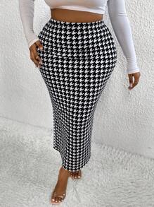 Maweii Falda de talle alto con estampado de pata de gallo para tallas grandes, otoño - Blanco y Negro - Ver 5