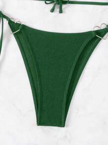 SHEIN Swim 夏季沙灘心型扣環連接交叉綁帶設計後背頸式嘉年華女士比基尼套裝 - 墨綠色 - 查看 3